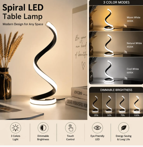 Glow Shift Spiral LED Lamp – 3-Color Dimmable Bedside & Desk Light